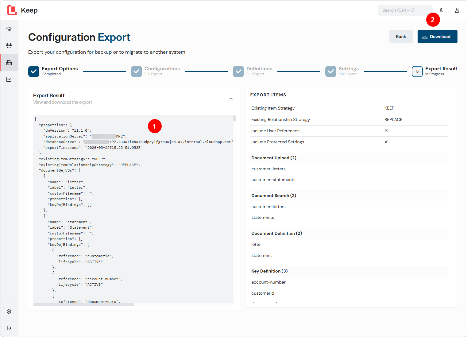 The Export Result page of the Configuration Export process.